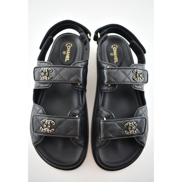 Chanel REV Black Caviar Gold CC Logo Mule Slide Strap Flat Teva Dad Sandal 36.5 - Picture 8 of 12